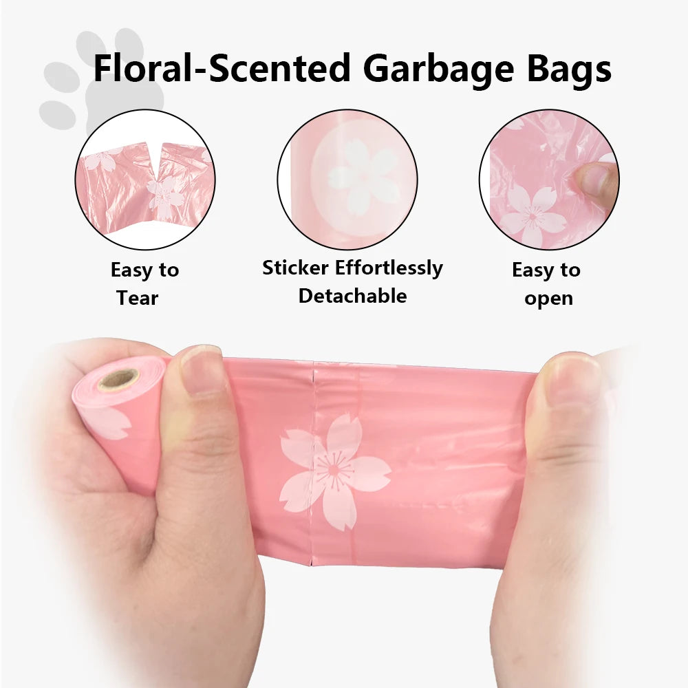 Photodegradable Dog Poop Bag with Floral Fragrance and Leak Proof Pet Feces and Garbage Bag Dispenser Gift
