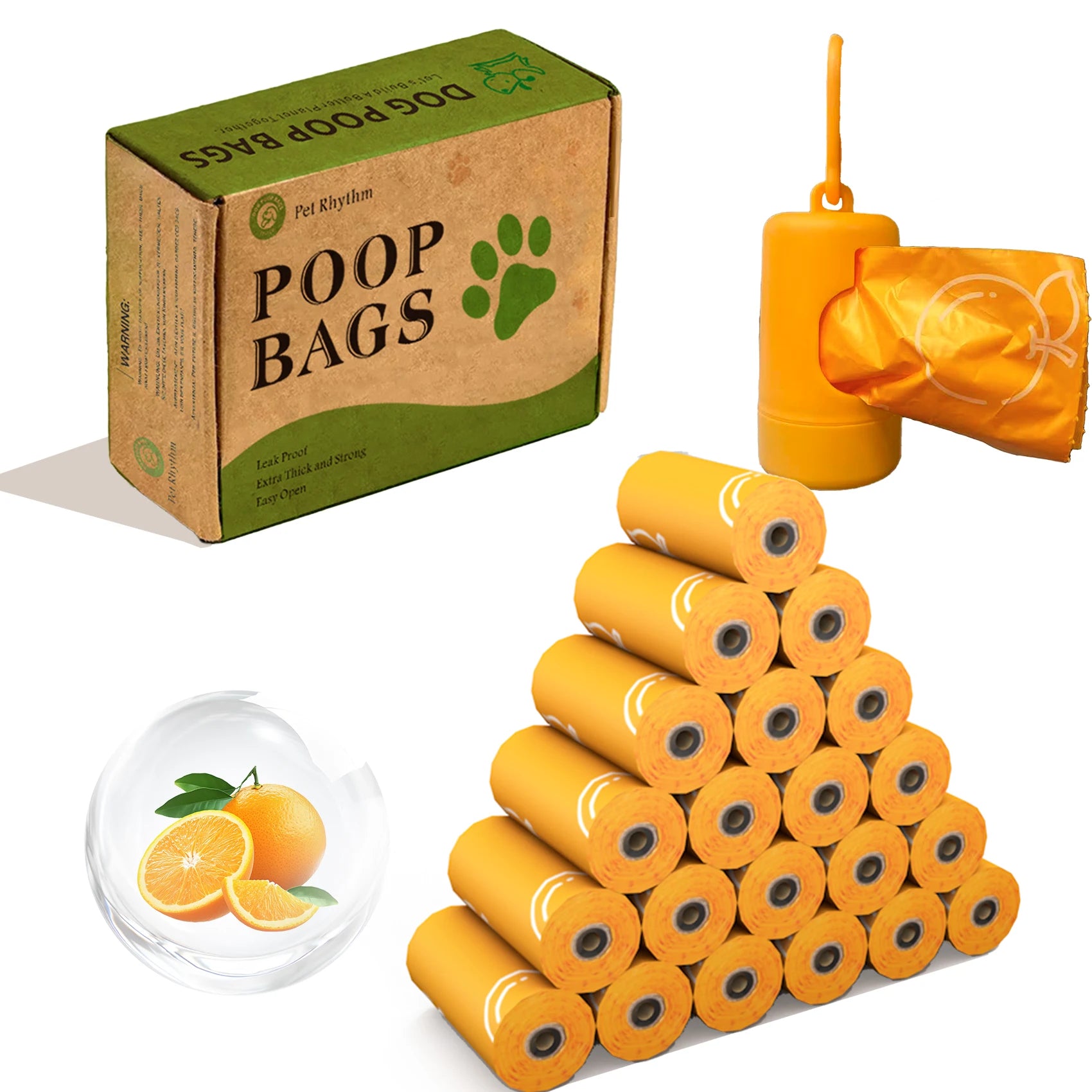 Photodegradable Orange Dog Poop Bags with Orange Fragrance and Thickened Pet Feces Garbage Bag with Dispenser